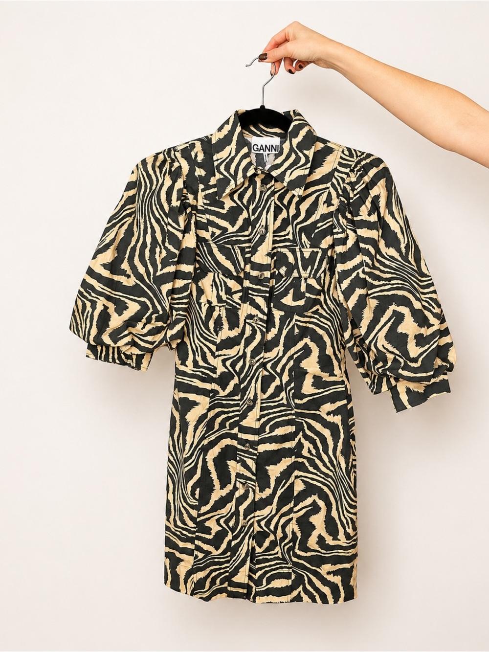 Ganni Black & Cream Zebra-Print Puff-Sleeve Mini Dress